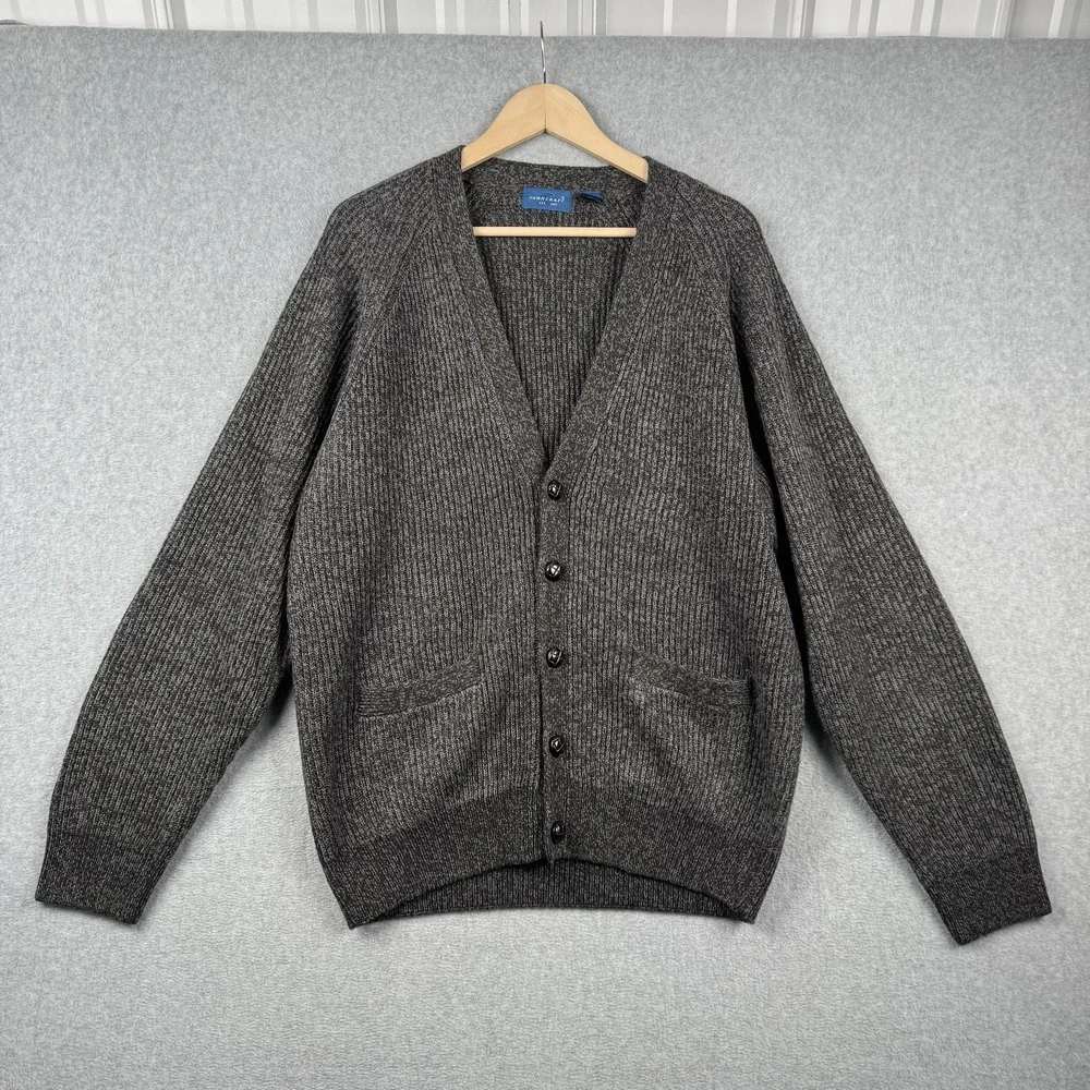 Towncraft Cardigan Sweater‎ Mens Large Gray Grandpa Ribbed Knit V-Neck Button Up